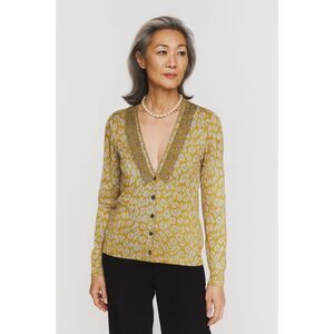 Josie Natori Yellow Silk V neck Leopard Print Cardigan Sweater Women's Sz Medium